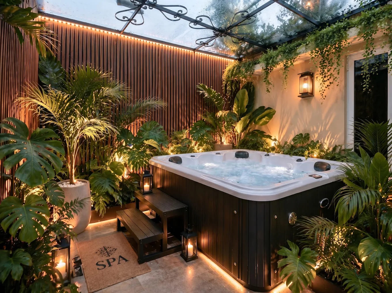 Bồn sục Jacuzzi thủy lực ngoài trời không gian xanh tại SOLÉA Boutique Spa Quận 1