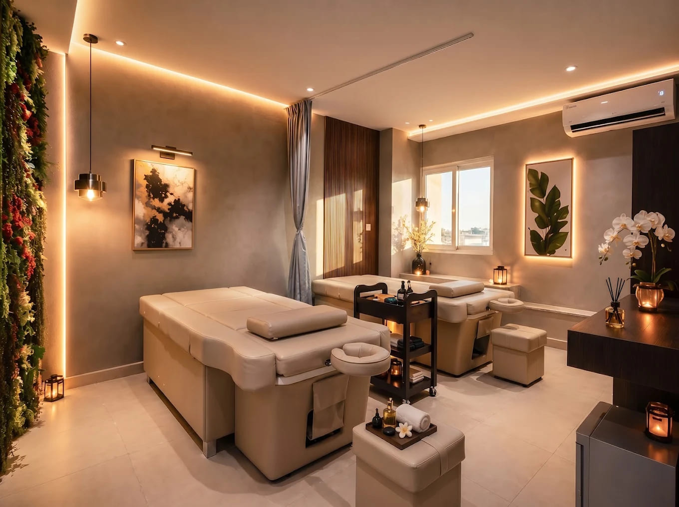 Phòng massage body đôi riêng tư tone màu beige ấm áp