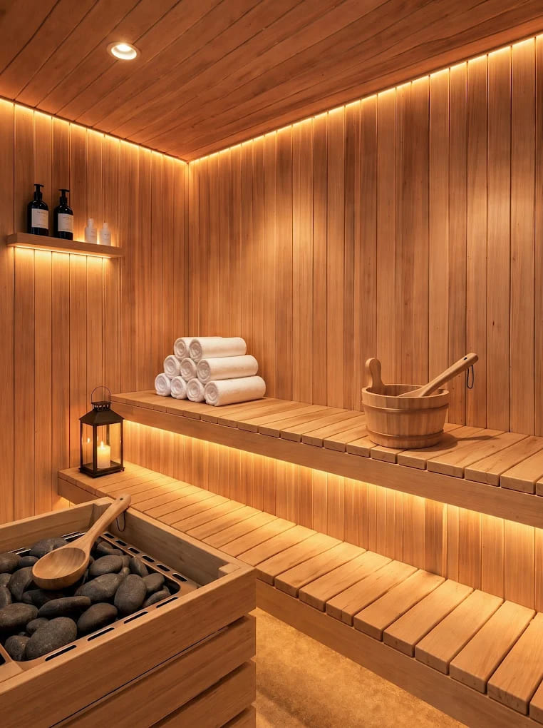 Phòng xông hơi sauna gỗ tuyết tùng cao cấp với đá nóng tại SOLÉA Boutique Spa