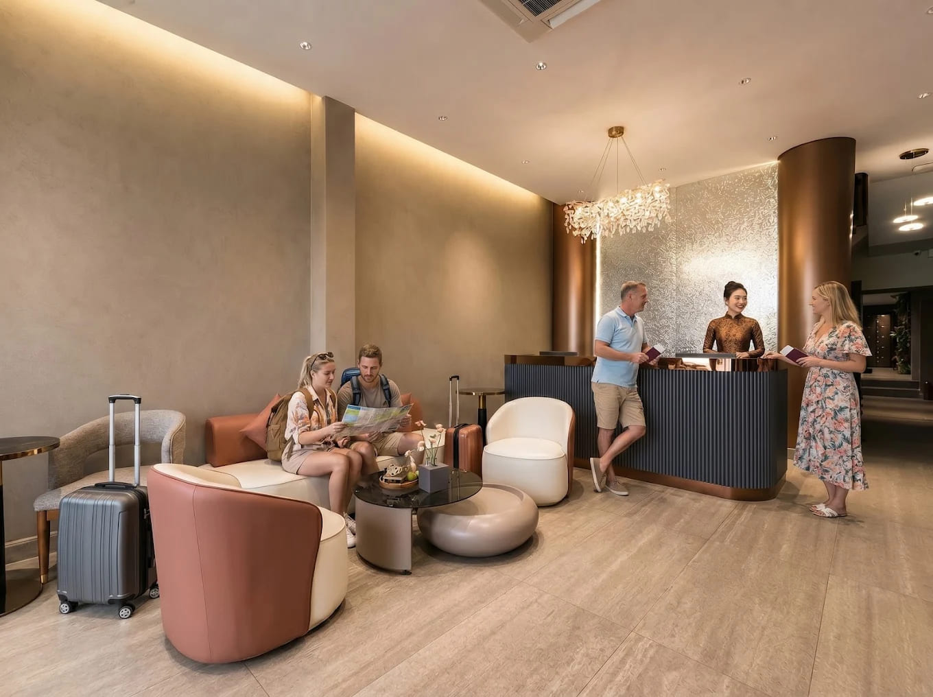 Khách du lịch quốc tế check-in và nhận tư vấn dịch vụ tại sảnh SOLÉA Boutique Spa
