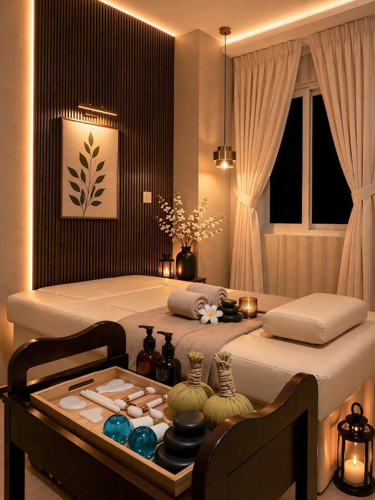 Phòng trị liệu đơn cao cấp với dụng cụ massage ngọc bích và thảo mộc tại SOLÉA Quận 1